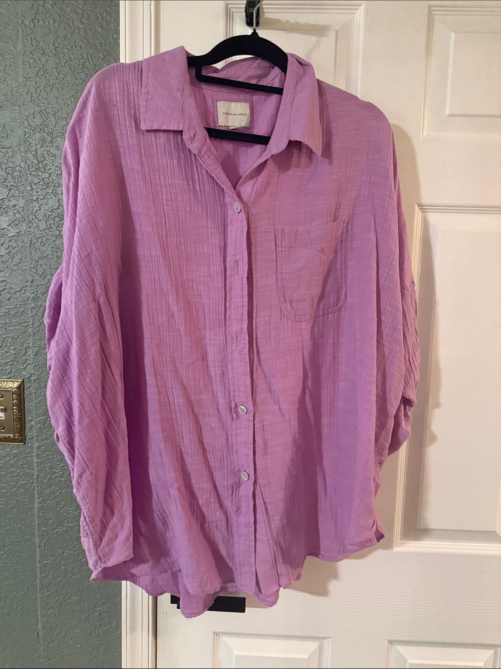 American Eagle Outfitters Beige Cotton Gauze Button-Down Shirt